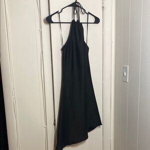 Black Mini Satin Dress with Asymmetrical Hem